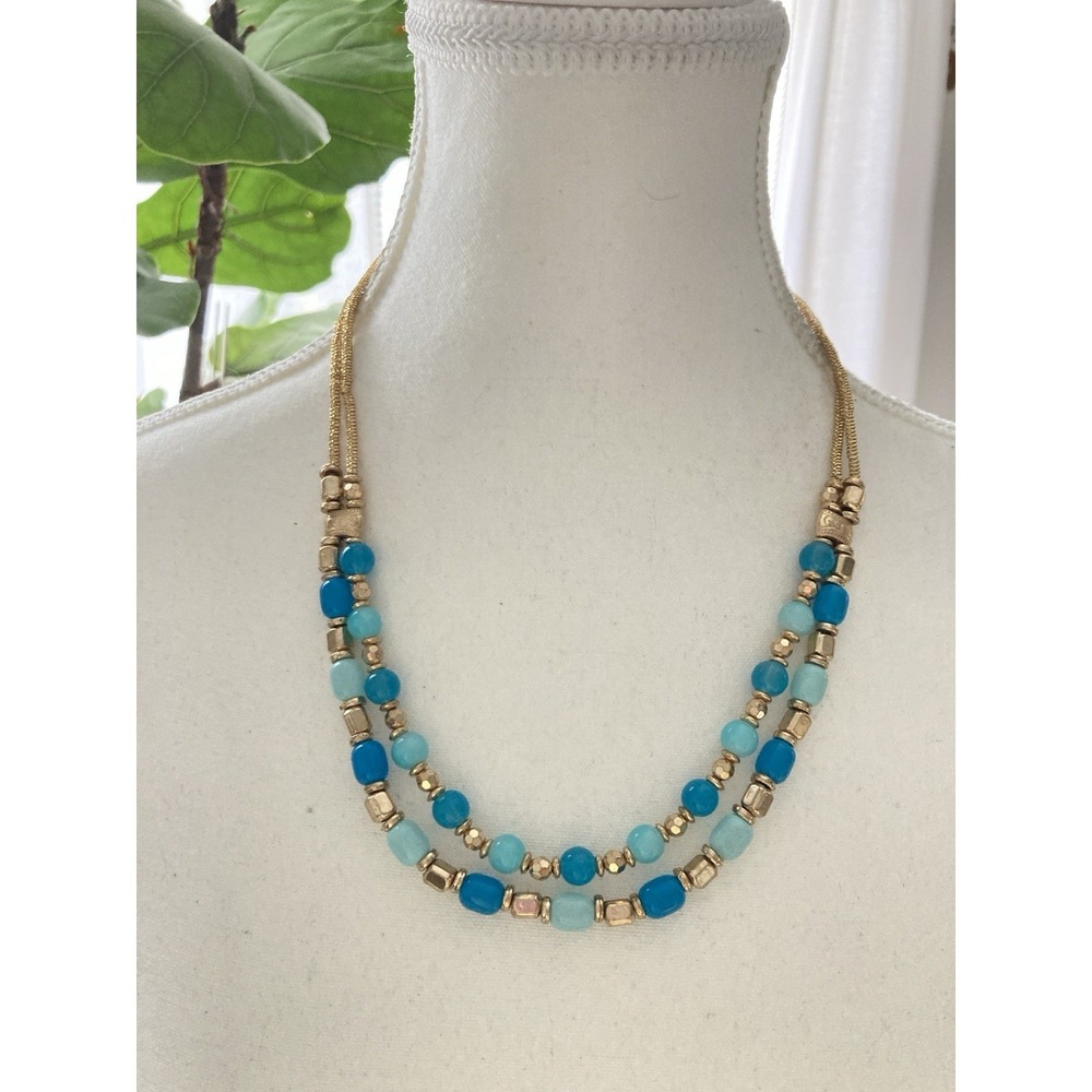 Double Strand Teal Blue Beaded Necklace Gold‎ Tone Aqua Feminine Romantic